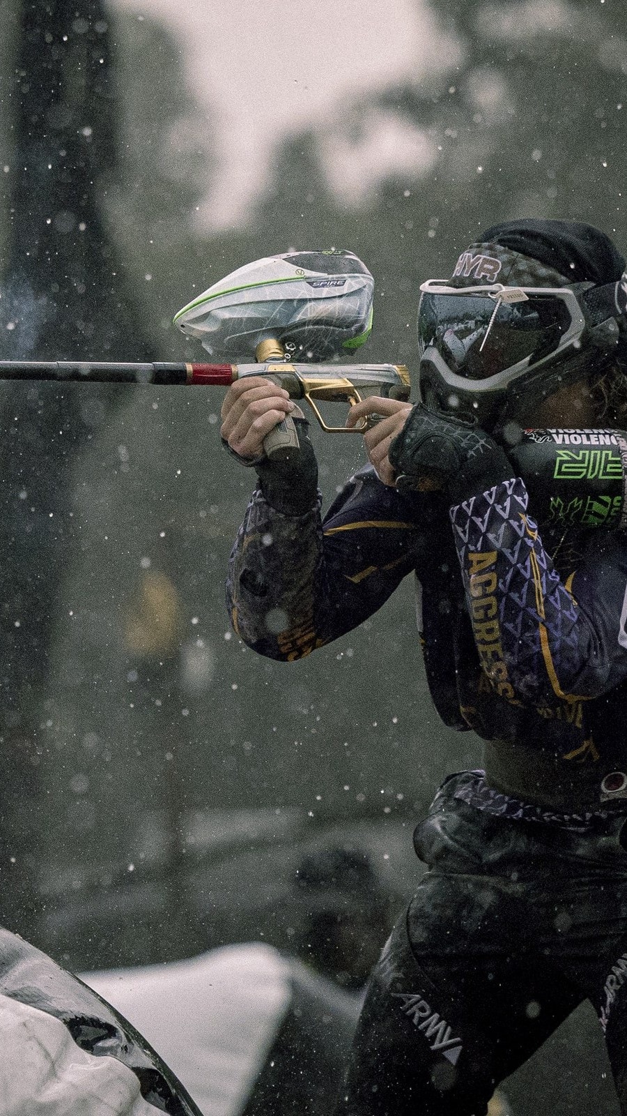 Player firing through the rain, muzzle flash visible